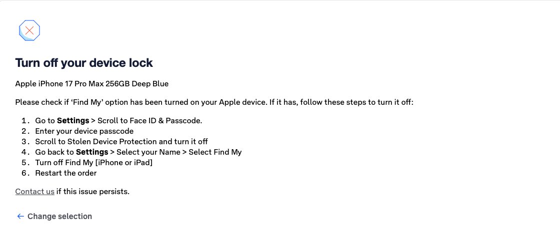 jonty_hare's tweet photo. @Telstra why on earth does Find My have to be disabled to place an order? I will disable it before I return the device to you, just like every year, why does it need to be disabled 3 weeks before you receive it? https://t.co/fi2djM8R7s