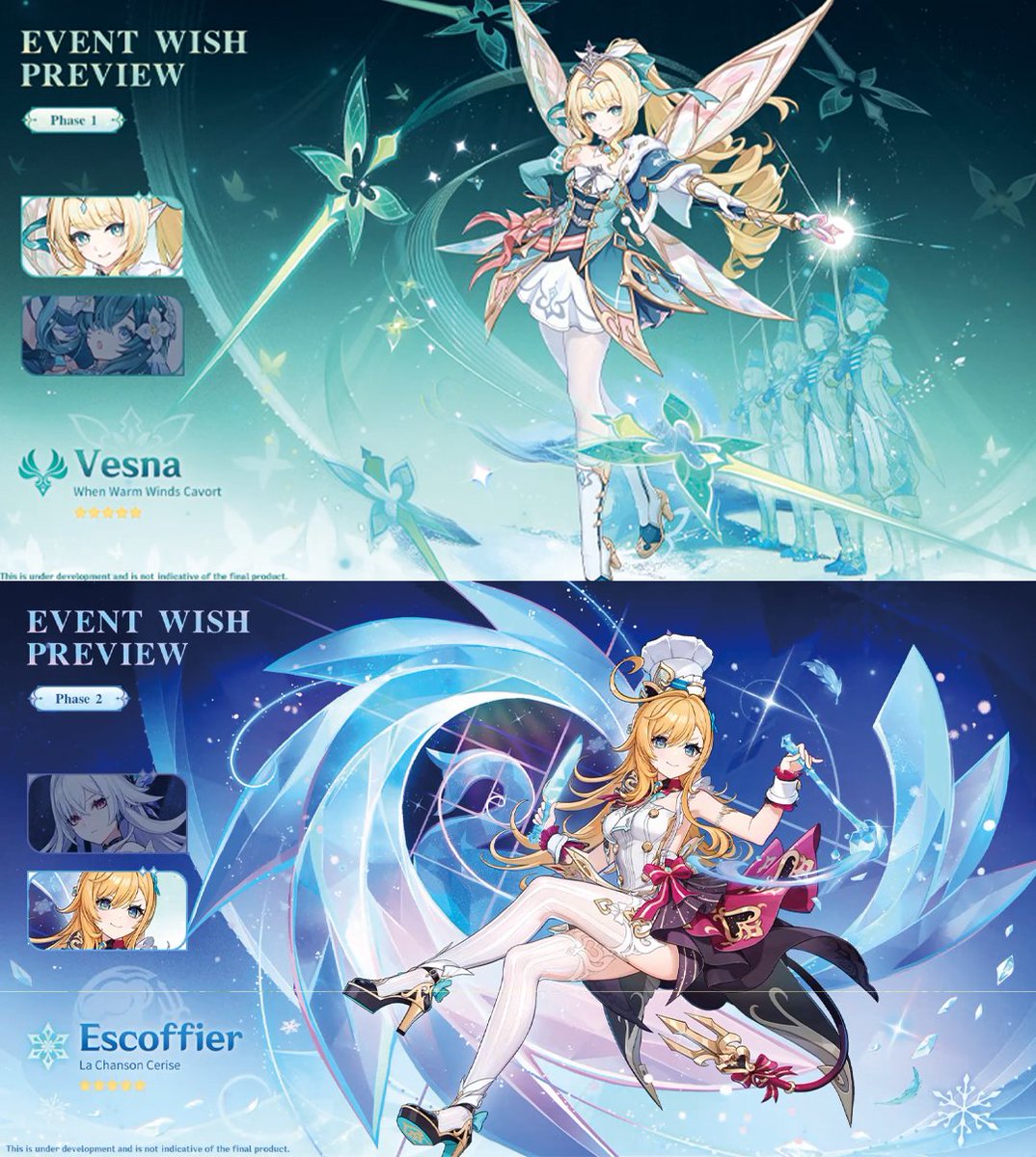tiofurro___'s tweet photo. ✨ Banners OFICIAIS da versão 7.1 de Genshin Impact;

• Vesna &amp; Vodyanitsa
• Skirk &amp; Escoffier https://t.co/mxcxJH2eYj