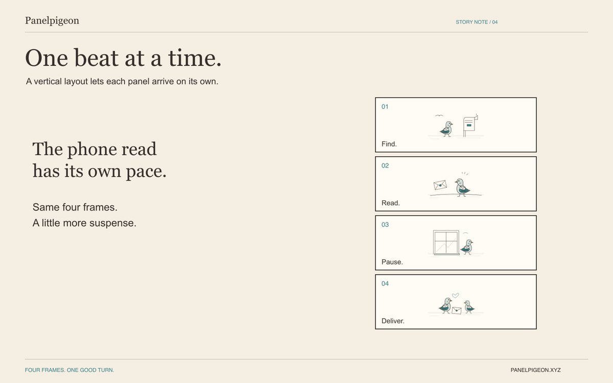Panelpigeon's tweet photo. On a phone, the fourth frame can wait just below the fold. Switch a Panelpigeon story to the vertical stack and let each beat arrive in its own time. https://t.co/BmzZ18P1is