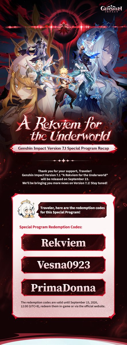GenshinImpact's tweet photo. Genshin Impact Version 7.1 Special Program Recap
#GenshinImpact #StoriesofFrostSnow #GenshinSnezhnaya 

Traveler, here are the redemption codes for this Special Program!
Primogems ×100 + Mystic Enhancement Ore ×10 "Rekviem"
Primogems ×100 + Hero's Wit ×5 "Vesna0923"
Primogems ×100 + Mora ×50,000 "PrimaDonna"

Thank you for your support, Traveler! We'll be bringing you more news on Version 7.1! Stay tuned!