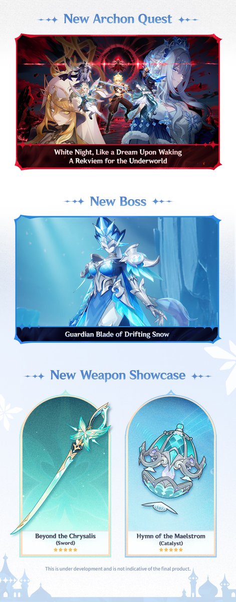 GenshinImpact's tweet photo. Genshin Impact Version 7.1 Special Program Recap
#GenshinImpact #StoriesofFrostSnow #GenshinSnezhnaya 

Traveler, here are the redemption codes for this Special Program!
Primogems ×100 + Mystic Enhancement Ore ×10 "Rekviem"
Primogems ×100 + Hero's Wit ×5 "Vesna0923"
Primogems ×100 + Mora ×50,000 "PrimaDonna"

Thank you for your support, Traveler! We'll be bringing you more news on Version 7.1! Stay tuned!