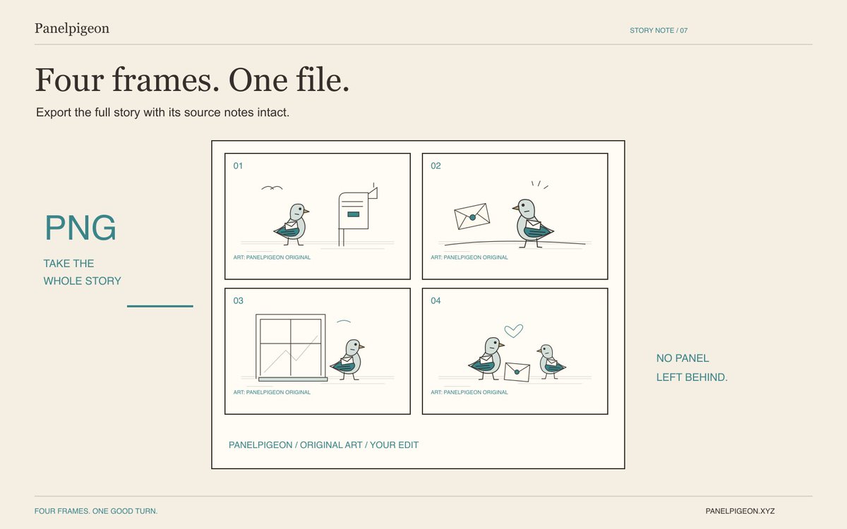 Panelpigeon's tweet photo. The setup, the pause, the reveal, the credit: one PNG carries the whole Panelpigeon story. Export a finished strip instead of asking someone to reconstruct four separate screenshots. https://t.co/XP60PixTPC