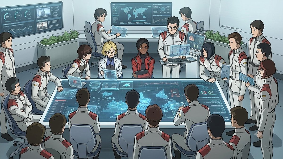 kota2muri's tweet photo. エヴァの作戦会議のシーンを「従業員のパフォーマンスを最大限発揮できるようにオフィスリニューアルして」と指示して出てきたもの。
元画像のミサトさんは顔に影が落ちていたから黒人になってしまっているけど

よく見ると色々SFなテクノロジーが垣間見えるね https://t.co/xSFvm8ZA5S