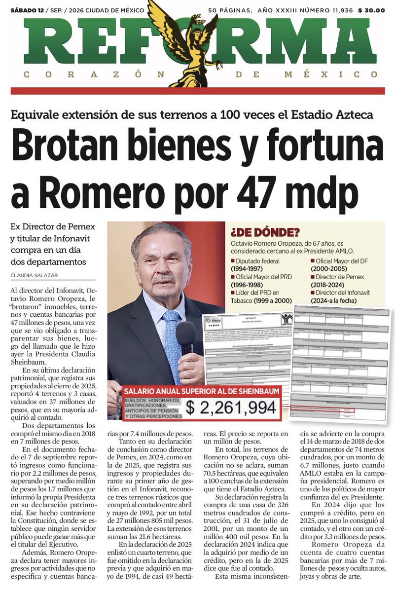 bereaguilarv's tweet photo. ¡QPM! Ahora sabemos por qué el sinvergüenza quería su patrimonio bajo llave…

A Octavio Romero le “brotaron” 47 mdp en bienes y cuentas:

❗️Terrenos equivalentes a 100 Estadios Azteca.
❗️De 2 terrenos en 2024 pasó a 4 en 2025.
❗️Compró 2 departamentos EL MISMO DÍA en 2018.
❗️En 2025 reportó 4.36 mdp de ingresos.