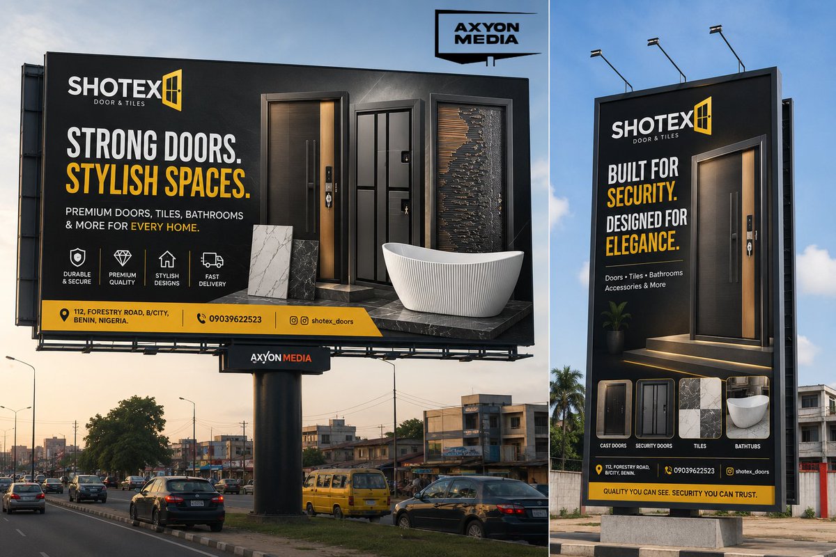 AxyonMedia's tweet photo. Before we print a single billboard, we show clients exactly what it looks like on the street.

AI mockups. Multiple variations. Back and forth until they say "this is it."

We did this for Shotex Doors in Benin City.
#OOHAdvertising #Billboard #Nigeria #BrandManagement https://t.co/kwjO0ZY8om