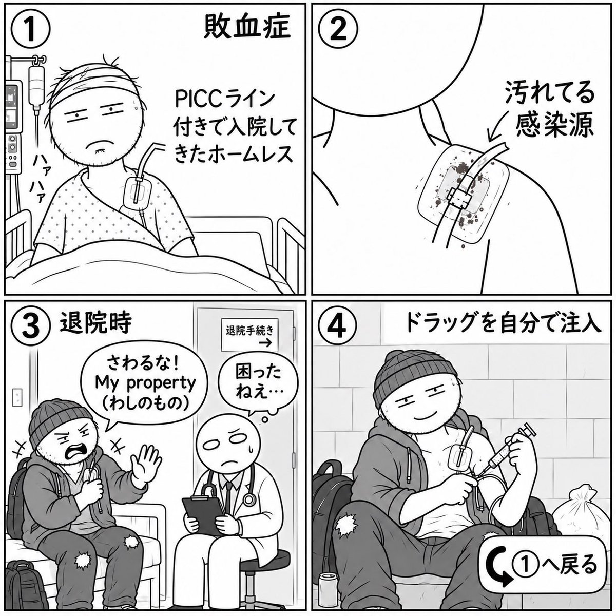 johnkioka's tweet photo. ポンコツレジデント日記#12

今でも覚えているホームレスの患者で古いピックライン付きでERから入院。抜こうとすると烈火の如く大激怒 https://t.co/ym6EBAC5Ok