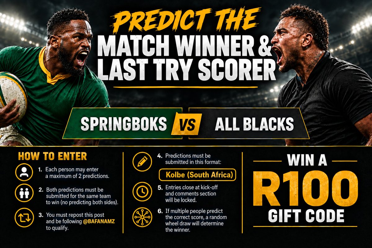 BafanazM's tweet photo. COMPETITION TIME 🏉

South Africa vs New Zealand 🇿🇦 x 🇳🇿    

Predict the match winner and last try scorer and you could win a R100/5K NGN @SportyBet gift code!      

Follow @BafanazM + RT this post  

Drop your predictions in the comments 👇🏾 https://t.co/SgG4LW50x8