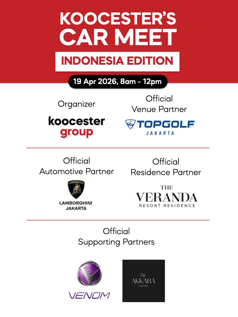 VeiBanguela's tweet photo. Just days until our next big car event of 2026 with @gabrielrey99. KOOCESTER’S CAR MEET: INDONESIA EDITION
19 April 2026, 8am–12pm
Topgolf Jakarta Fatmawati

Celebrating people, cars and culture. Sponsorship and partnership inquiries welcome. https://t.co/ciXPkUoOGt