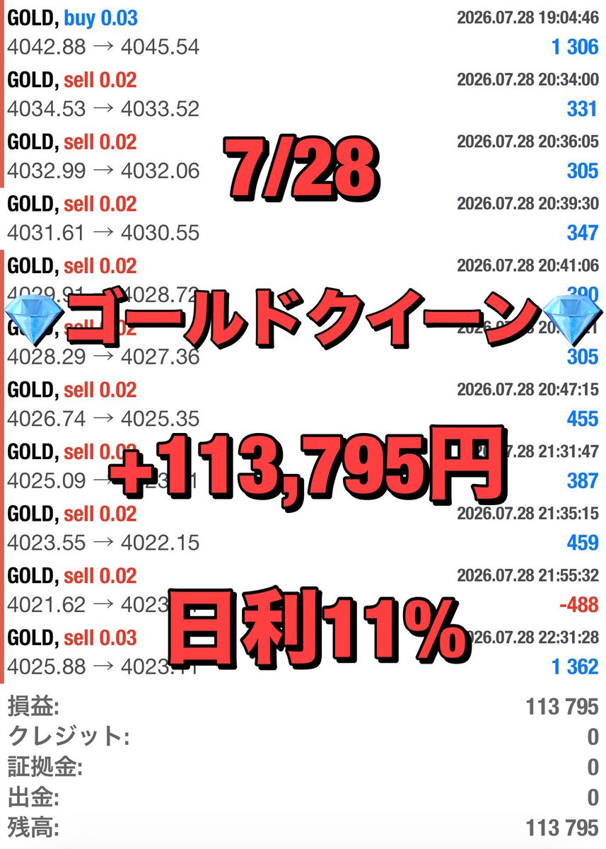 rueeeeda's tweet photo. 🐳🐳🐳🐳🐳🐳🐳🐳

耐久型爆益EA

新ゴールドクイーン

🐳🐳🐳🐳🐳🐳🐳🐳

✅7/28実績
+113,795円（日利11%）

🫧月利500〜1000%
🫧1万円から運用可
🫧最大耐久1000pips以上

プロフURLからEA無料配布中🎁

ドル円  gold  自動売買
トランプ  為替介入  fomc
#ad https://t.co/0HTPEoh1Vm