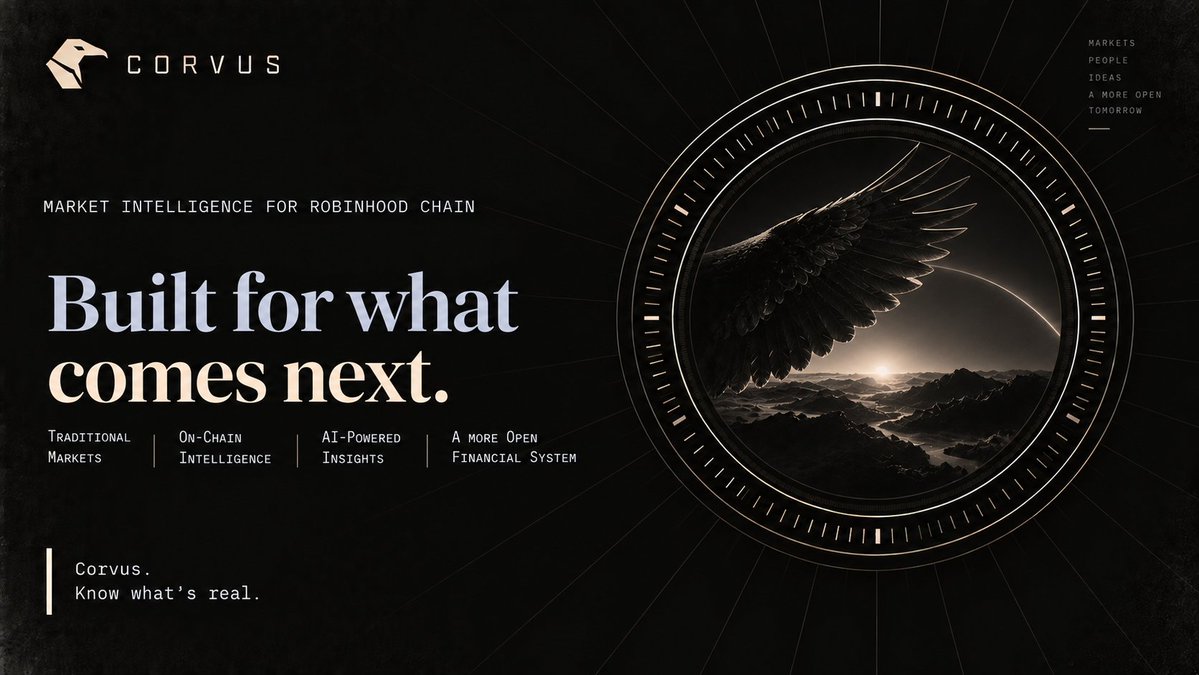 CorvusTerminal's tweet photo. The next financial system won’t fit into one market.

Traditional markets are becoming tokenized.
Crypto is becoming financial infrastructure.
On-chain activity is becoming part of the signal.
Corvus is built for that convergence.
One intelligence layer across markets, assets, narratives, and on-chain activity.

Built for what comes next.

Know what's real.