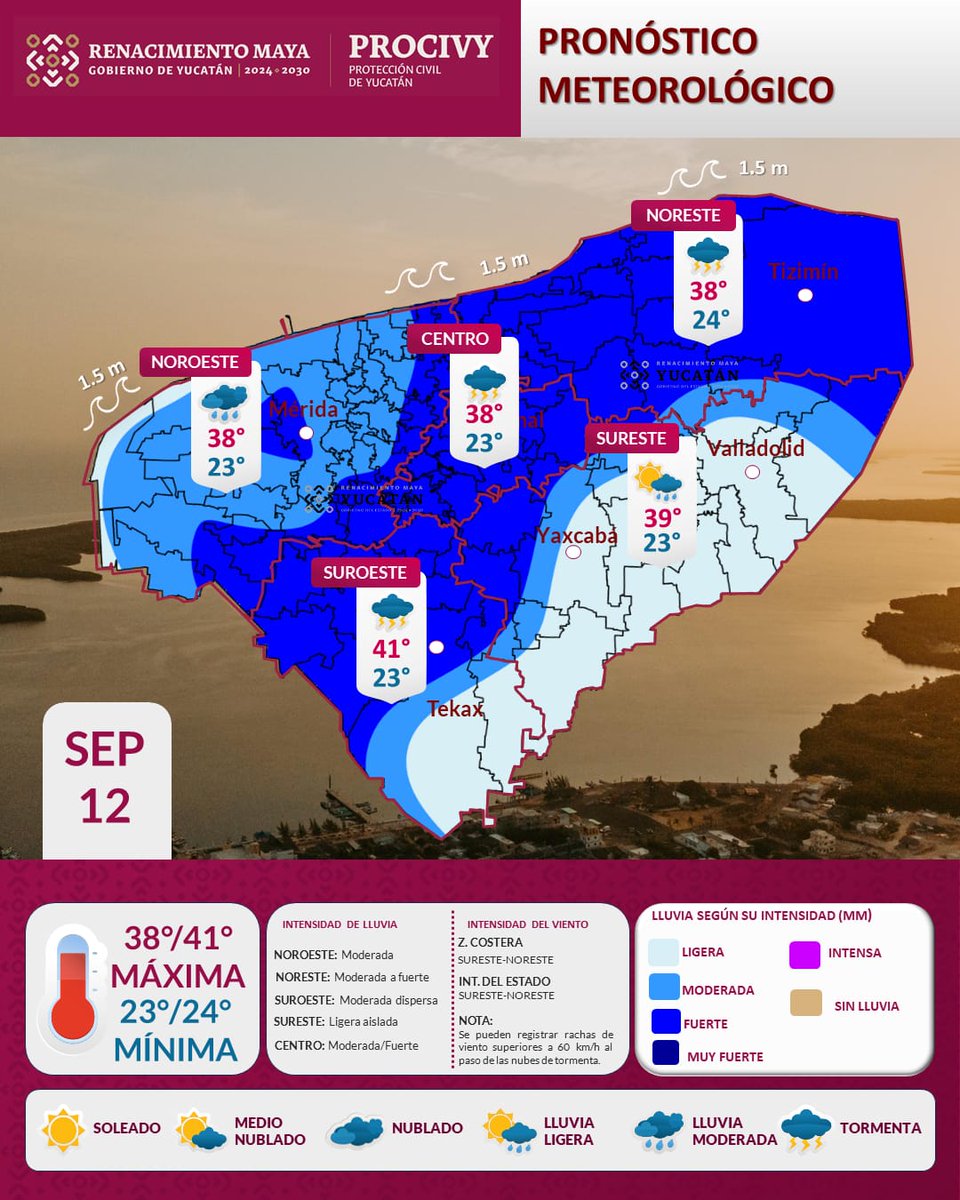 RUVAJAL's tweet photo. 🌧️ #Pronóstico | Este sábado 12 de septiembre, la Onda Tropical No. 39 y la inestabilidad atmosférica favorecerán lluvias moderadas y fuertes, actividad eléctrica y rachas de viento en municipios del noreste, centro y suroeste de Yucatán https://t.co/wVmHPyvZjd