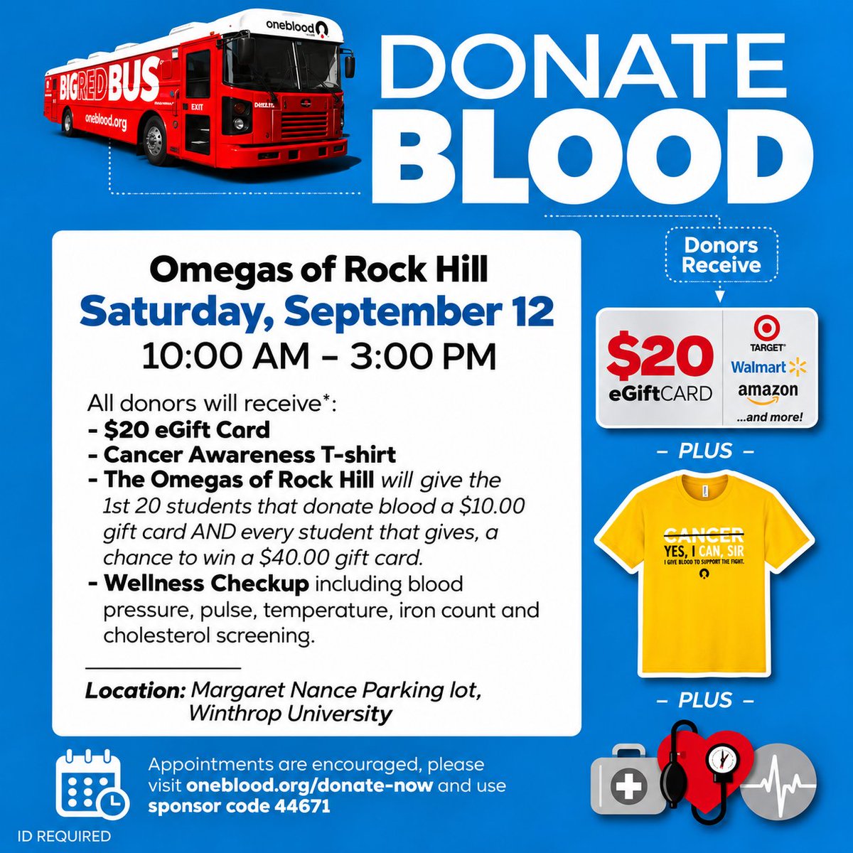 OmegaofRockHill's tweet photo. Donate Blood TODAY @ Omegas of Rock Hill Blood Drive, 695 Scholars Walk
Rock Hill, SC 29730 from 10:00 AM-03:00 PM. $20 eGift Card & Cancer Awareness T-shirt!
#BloodDrive #OneBlood #CharlesDrew #KappaAlpha #Omegas #Ques #Service https://t.co/8Fymi76NZQ