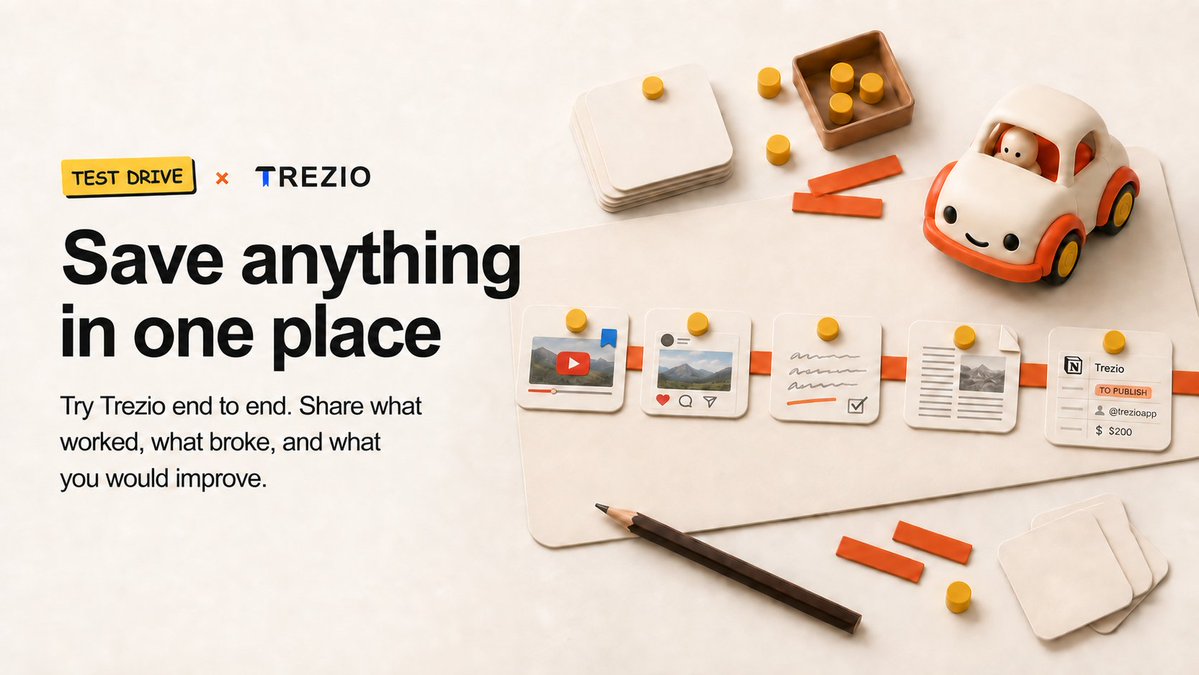 testdriveso's tweet photo. 🧪 TestDrive × @trezioapp 

Trezio puts your internet memory in one place, so you can save it, organize it, and find it again when you need it.

Run one end-to-end workflow and share what worked, what broke, and what you’d improve.

🔗 Join: https://t.co/pSBsNIMQ49 https://t.co/eaaDTQTXek