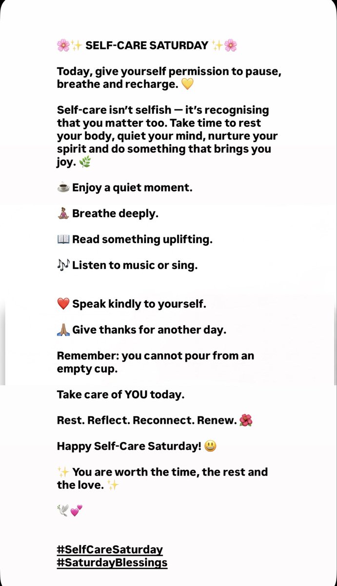 Angeleyes971's tweet photo. 🌸✨ SELF-CARE SATURDAY ✨🌸
Today, give yourself permission to pause, breathe and recharge. 💛
Happy Self-Care Saturday! 😃
✨ You are worth the time, the rest and the love. ✨
🕊️💕
#SelfCareSaturday
#SaturdayBlessings https://t.co/owdTrn35vM