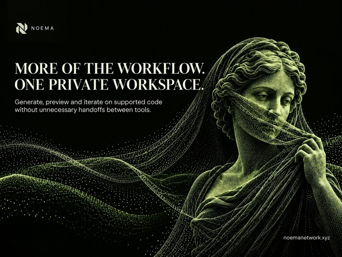 noemanetwork's tweet photo. With the recent update, we introduced privacy-focused workspace where more of the workflow can happen in one environment.

Generate supported code, preview it directly in-app, iterate on the result, run it again and take the output with you.

Fewer unnecessary handoffs between tools. Greater control over your workflow and context.