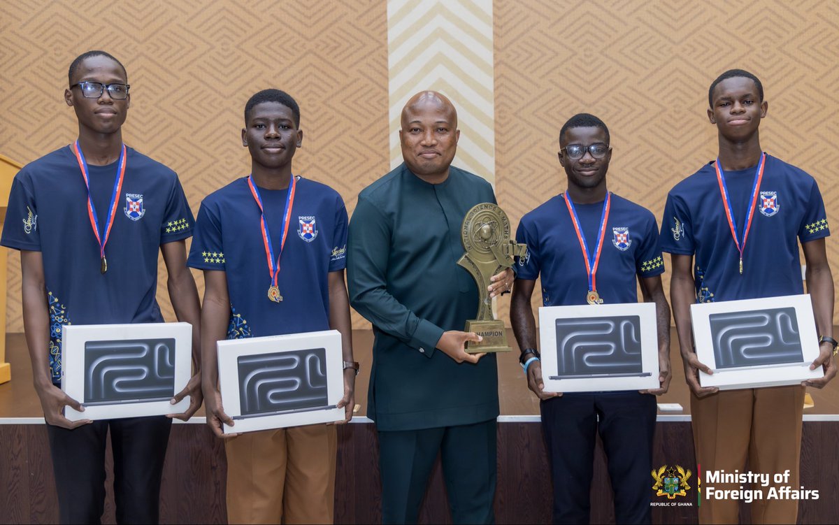S_OkudzetoAblak's tweet photo. Our Odade3 tradition continues.

It was a profoundly proud moment to receive the 9-time NSMQ champions and the coveted trophy at the Foreign Ministry yesterday. 

As I have done consistently for many years, I donated MacBooks to the champions according to their preference, and also donated laptops to the coordinators (teaching staff) in line with their wishes. 

In addition, the Odade3 champions received a cash award, a holiday treat and a special NSMQ bus to be delivered in December. 

May God continue to bless our Odade3 qualities of hard work, sacrifice, perseverance, integrity and commitment to excellence.