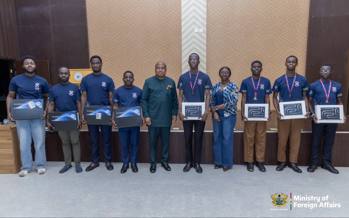S_OkudzetoAblak's tweet photo. Our Odade3 tradition continues.

It was a profoundly proud moment to receive the 9-time NSMQ champions and the coveted trophy at the Foreign Ministry yesterday. 

As I have done consistently for many years, I donated MacBooks to the champions according to their preference, and also donated laptops to the coordinators (teaching staff) in line with their wishes. 

In addition, the Odade3 champions received a cash award, a holiday treat and a special NSMQ bus to be delivered in December. 

May God continue to bless our Odade3 qualities of hard work, sacrifice, perseverance, integrity and commitment to excellence.