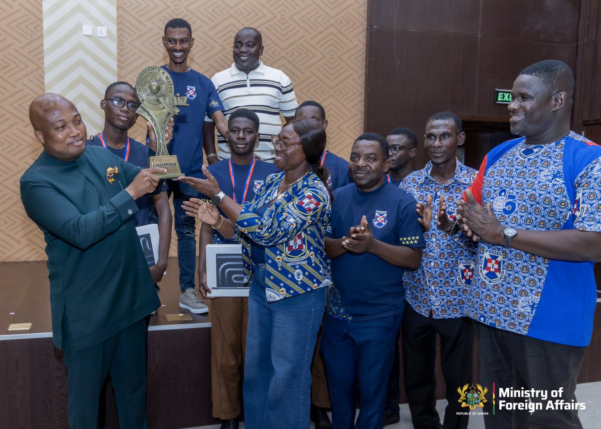 S_OkudzetoAblak's tweet photo. Our Odade3 tradition continues.

It was a profoundly proud moment to receive the 9-time NSMQ champions and the coveted trophy at the Foreign Ministry yesterday. 

As I have done consistently for many years, I donated MacBooks to the champions according to their preference, and also donated laptops to the coordinators (teaching staff) in line with their wishes. 

In addition, the Odade3 champions received a cash award, a holiday treat and a special NSMQ bus to be delivered in December. 

May God continue to bless our Odade3 qualities of hard work, sacrifice, perseverance, integrity and commitment to excellence.