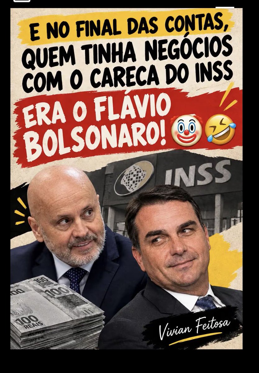 ElianiC4rvalhoo's tweet photo. O Flávio nega envolvimento, claro. Diz que não sabia de nada, que é tudo coincidência, que o Careca do INSS é só um "conhecido de mercado". Mas convenhamos: quando o seu nome aparece escrito junto com o do cara que roubou aposentadoria de milhões de brasileiros, não é coincidência. É contrato social, é nota fiscal, é endereço compartilhado. É o tipo de intimidade que não se apaga com nota de repúdio.