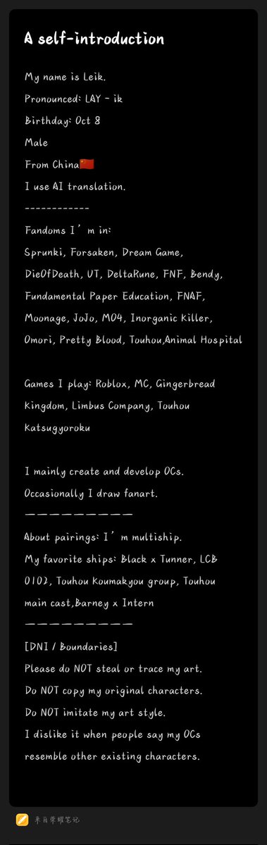 Leikwwdd's tweet photo. Some info about me and my self-insert Leik 🖤
I’m a multifandom multishipper, mainly draw OCs and fanart

#oc  #myart https://t.co/53lhX22WYh