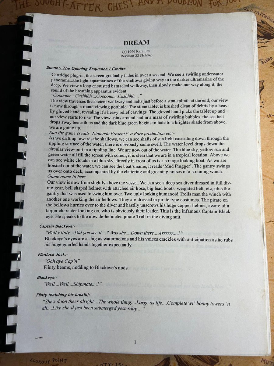 Ghoulyboy's tweet photo. I'm enjoying seeing the footage of Project Dream V1, so how about a look inside the Dream V2 script? We got quite far with planning this daft yarn, including the origin of Captain Blackeye's name. The Ducks of Decency had to step in a little bit though https://t.co/oa5qfCxnAk