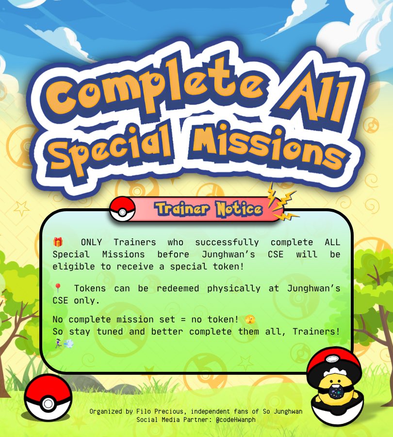 codeHwanph's tweet photo. 🚨 TRAINER NOTICE! 🚨

Gotta catch ’em ALL… missions, that is! 👀✨ 

Complete all Special Missions before Junghwan’s CSE to claim your special token! 🎟️💙

No complete set, no token! 😭

#WildHwanEncounter 
#SOJUNGHWAN #소정환 https://t.co/kFjJbKhBGD