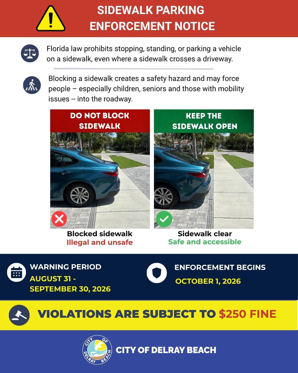 Notice explaining Florida law against parking on sidewalks, showing illegal blocked sidewalk vs. safe clear sidewalk with enforcement dates and $250 fine warning.