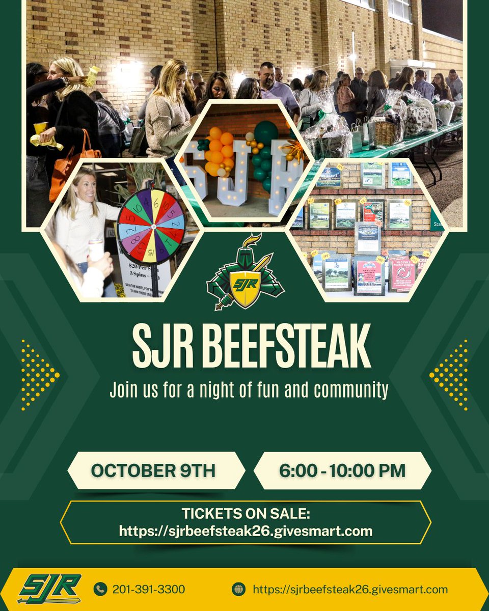 SJRHighSchool's tweet photo. Join us on Friday, October 9, 2026, for a night of fun and community at our 8th annual Green Knights Beefsteak.

All-you-can-eat beefsteak dinner, prize wheel, raffles, and auctions.

21 and over - BYOB. This is an outdoor event

🎟️ https://t.co/EyKXlpGcAv https://t.co/H4NWGkyPGr