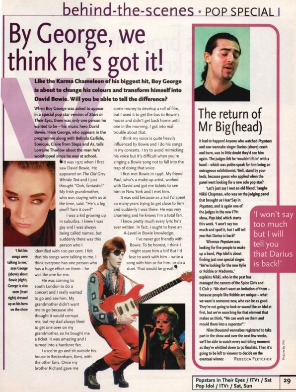 TvDidYouSee's tweet photo. #OnThisDay 6 October 2001 ๐บTV Listings
#AntAndDec host a nationwide search for a new solo pop star in the first episode of POP IDOL.
AN AUDIENCE WITH . . . #KylieMinogue.
#BoyGeorge becomes #DavidBowie in POPSTARS IN THEIR EYES.
#BobMortimer stars in RANDALL & HOPKIRK (DECEASED) https://t.co/H1nC3sN0cb