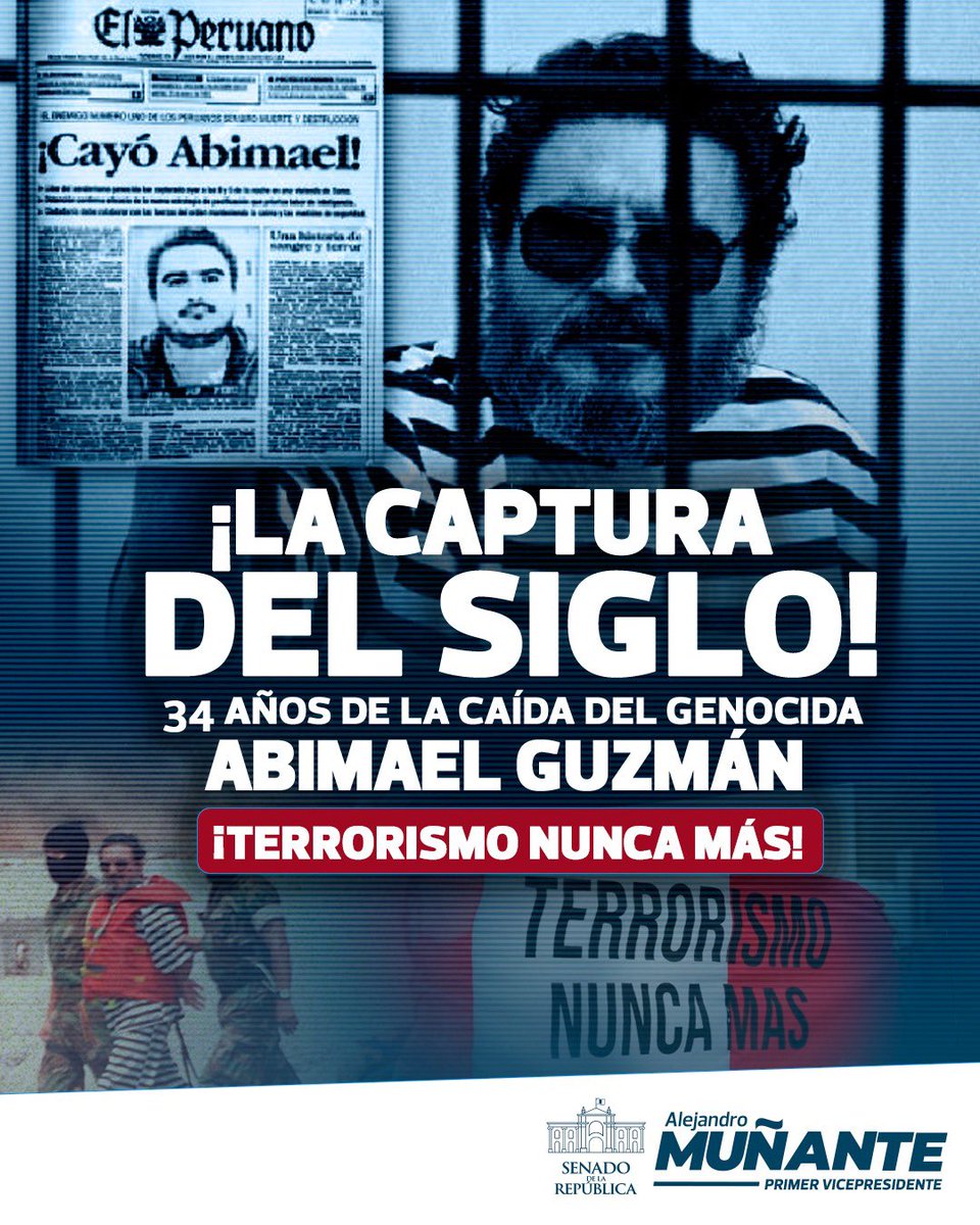 AlejoMunante's tweet photo. 📣 #CapturaDelSiglo | ¡TERRORISMO NUNCA MÁS! Un día como hoy, 12 de setiembre de 1992, el GEIN logró una de las operaciones más importantes de nuestra historia: la captura de Abimael Guzmán, cabecilla de Sendero Luminoso.

Una gesta de inteligencia, valentía y perseverancia que marcó un punto de quiebre en la lucha contra el terrorismo y que nunca debe quedar en el olvido.

La historia debe llamarse por su nombre: fue terrorismo. ¡No permitamos que se distorsione nuestra memoria!

#GEIN #12Set #TerrorismoNuncaMás🚫