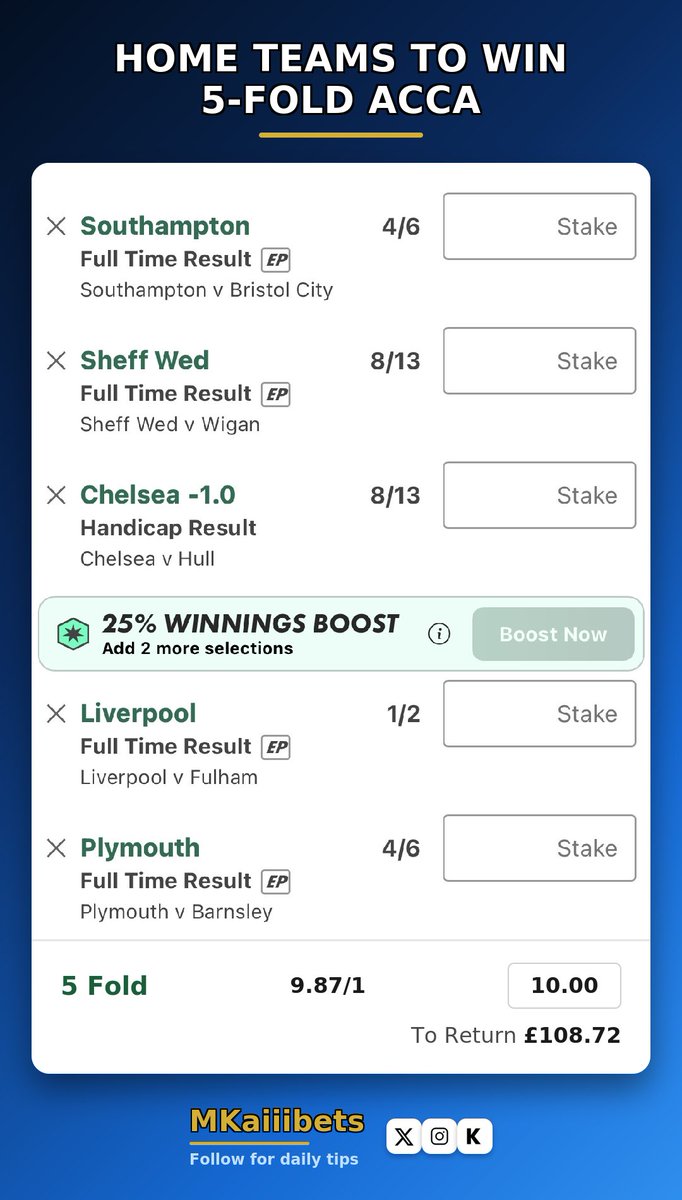 ItsMKaiiii's tweet photo. 🚨 HOME TEAMS TO WIN 🚨 
5-fold acca backing all 5 to get the W
9.87/1 🔥 £10 returns £108.72 💰 

Who's on it? ⚽️ https://t.co/e6yH4b9uog