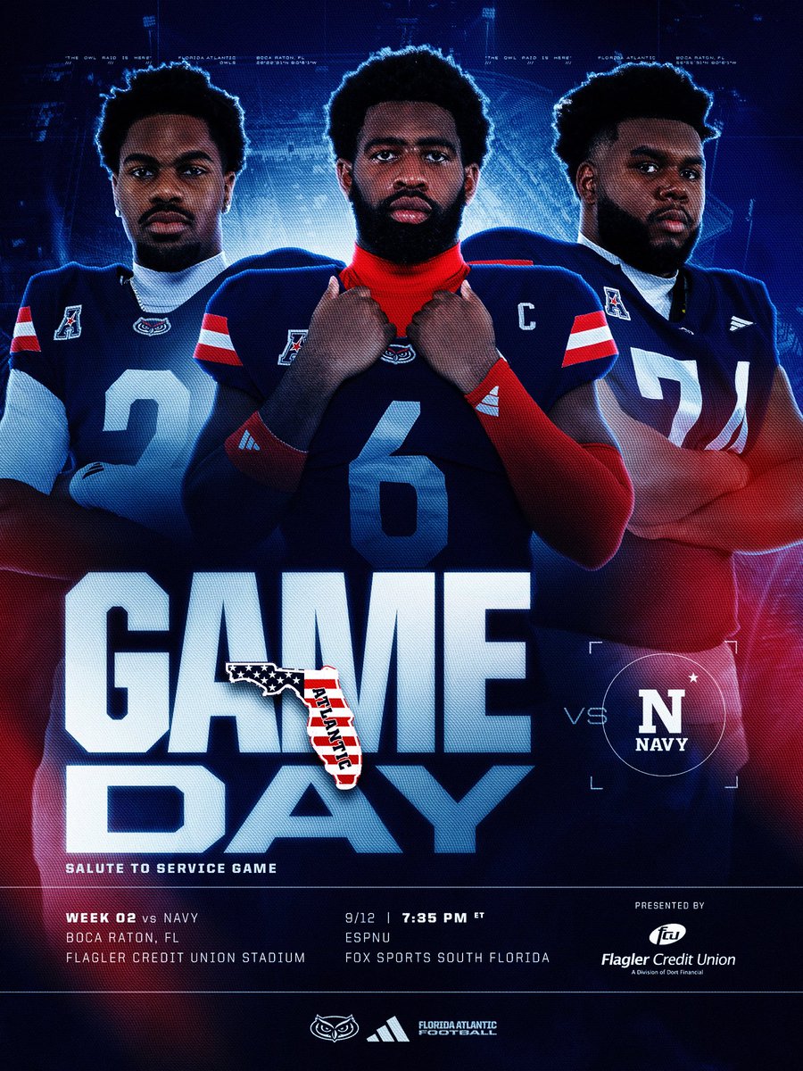 FAUFootball's tweet photo. Ladies and gentlemen, it’s Game Day in Paradise! 🌴

⌚️7:35 PM ET
📍Flagler Credit Union Stadium
🎙️FOX Sports South Florida
📺 ESPNU

#WIP🏝️ https://t.co/a0d2knsUmF
