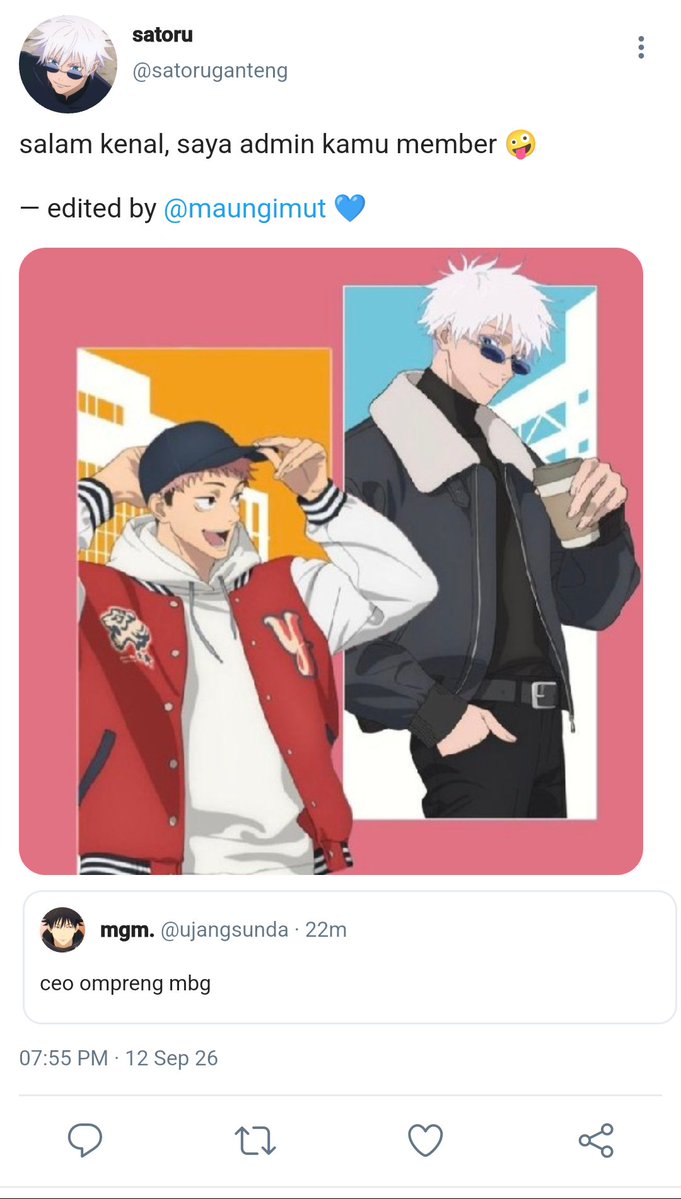 aethernalism's tweet photo. #goyuu local au

Ketika Yuuji bertemu dengan sesosok lelaki jangkung berambut putih yang ia yakini sebagai sugar daddy (?) di alun-alun kota.

cw // campur-campur bahasa sunda kasar-lemes. https://t.co/12RJE4ve6n
