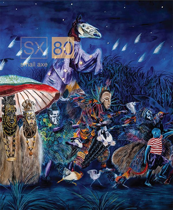 Journal cover featuring a vibrant nighttime scene with masked figures animals and fantastical costumes beneath a skeletal horse figure