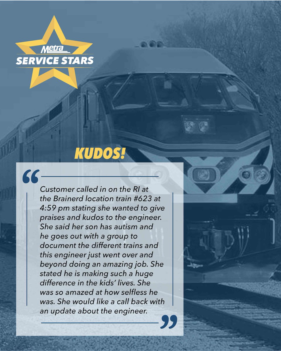 Metra's tweet photo. ⭐ Metra Service Star

At Metra, every interaction matters.

One rider recently reached out to share praise for a Metra engineer who took extra time to connect with a young train enthusiast with autism. The rider said the engineer's kindness and selflessness made a huge impact and created a memorable experience for the group.

Thank you for representing the very best of Metra.

Do you know a Metra Service Star? Submit your story and help us recognize outstanding service across the railroad by selecting Employee Performance here: https://t.co/r921HSoAUG

#MetraServiceStars