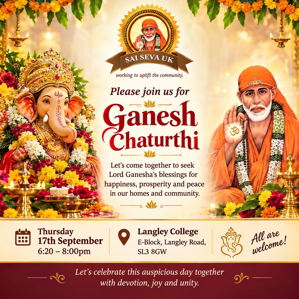 SaiSevaUK's tweet photo. ✨ All are welcome! ✨

Come along with your loved ones &amp; celebrate this beautiful occasion with devotion, joy &amp; unity. 🌸🙏🏼

Sai Seva UK – working to uplift the community. ❤️

Please share with family &amp; friends — we would love to celebrate with you! 🙏🏼🌺

Ganpati Bappa Morya! 🐘 https://t.co/OSGFdIobfi