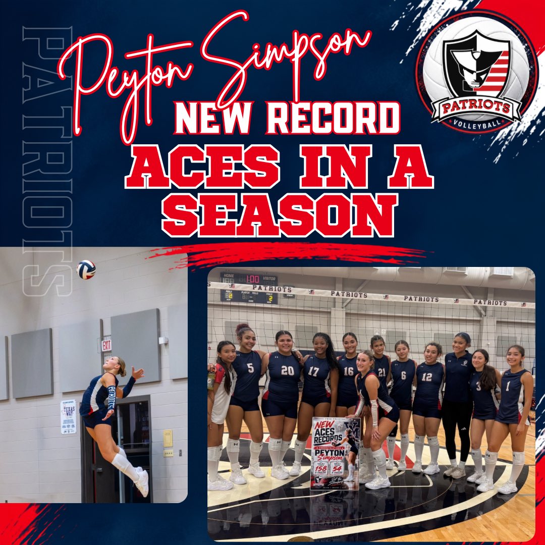 VMHS_PatriotVB's tweet photo. 🚨 NEW RECORD 🚨

Congratulations to Peyton Simpson! 👏🔥

Peyton is officially the NEW VMHS RECORD HOLDER FOR ACES IN A SEASON! 🏐💥

Keep making history, Peyton! ❤️

#PatriotNation #PatriotVolleyball #RecordBreaker #AllInBuyIn

@JISD_ATHLETICS 
@SAVeteransHS https://t.co/EhKBwMs5sU