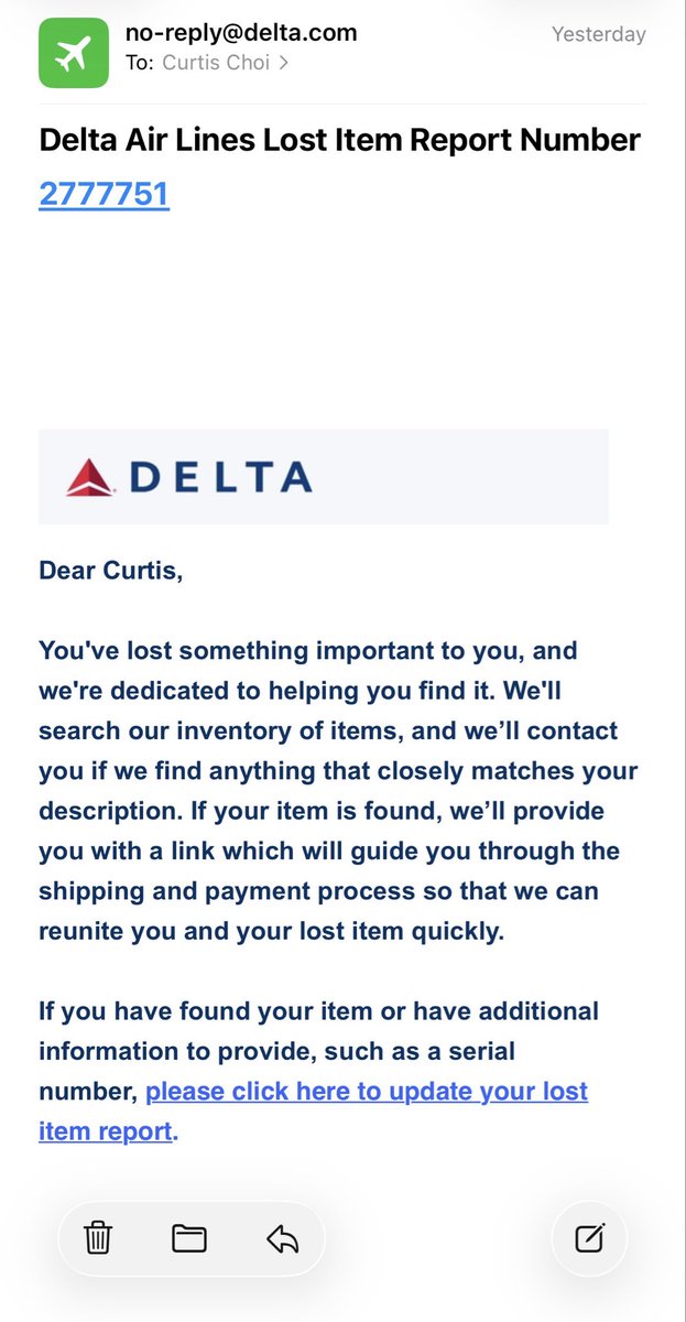 curtischoi's tweet photo. @Delta lost my wallet yesterday and reported it. Let’s see how long it takes for you to respond with results. So far just my report number email. 😤 https://t.co/LL3FBhzbvR