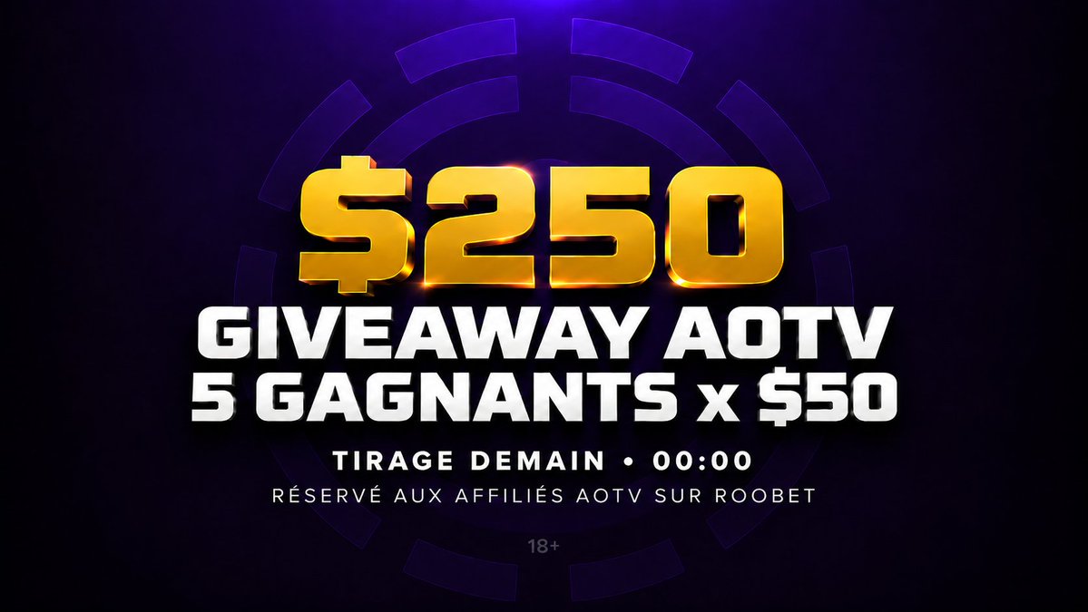 aotv_fr's tweet photo. 🎁 AOTVGANG — 5×$50 À GAGNER

Cette semaine encore, $250 pour la commu. 

Demain soir, 5 membres du AOTVGANG seront tirés au sort et repartiront avec $50 chacun.
 
Pour participer : 
✅ Follow @aotv_fr 
🔁 RT + Like 
🤝Être affilié AOTV sur @Roobet 

🏆 5 gagnants × $50 
⏰ Tirage demain soir à 00:00  

Les 5 gagnants seront annoncés publiquement ici.

Chez AOTV, on ne parle pas juste de communauté.
On redistribue à la communauté. Chaque semaine.

🤝AOTVGANG
