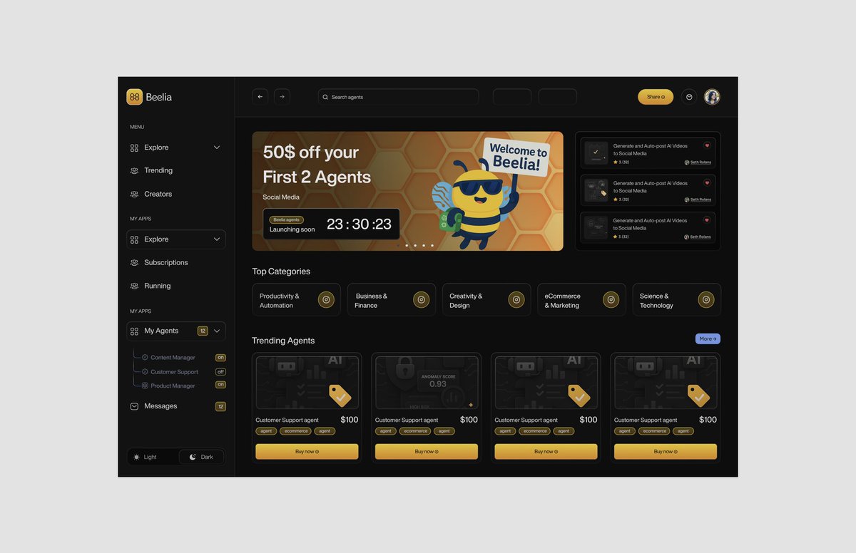 Etoshi10's tweet photo. Meet Beelia — the marketplace for AI agents.

Why search for tools when you can find an agent that actually does the work?

Beelia lets you discover AI agents built for everything from customer support and marketing to research, sales, content, automation, and more. https://t.co/Sx00S30nQW