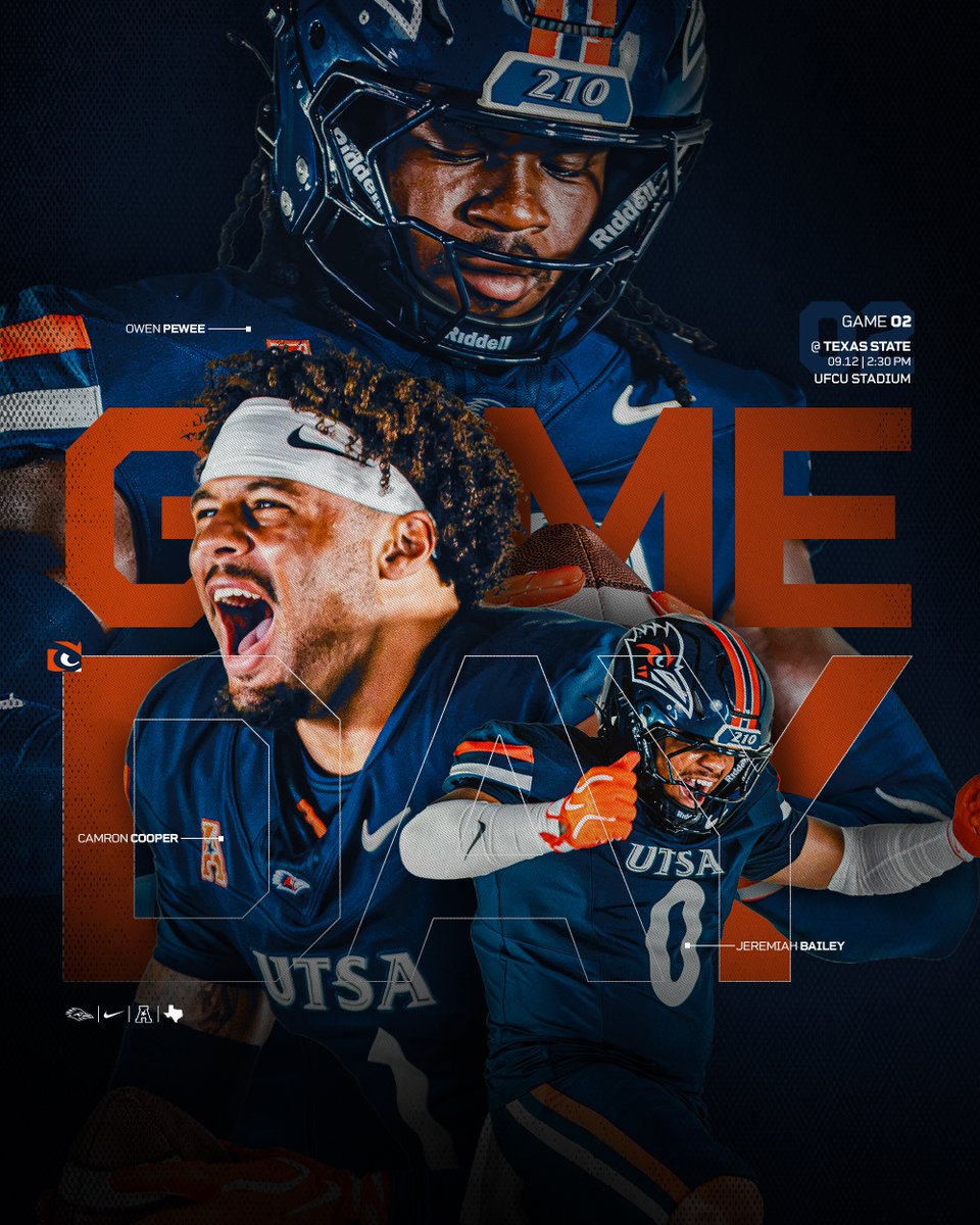 UTSAFTBL's tweet photo. 𝐆𝐀𝐌𝐄 𝐃𝐀𝐘

UTSA 🆚 Texas State 
🕝 2:30 PM
🏟️ UFCU Stadium
📍 San Marcos, Texas
📺 CW
💻 https://t.co/9nEM2fzM1s
💻 https://t.co/Wv1zmuNHLU
📻 https://t.co/jtq98AbbJI
📊 https://t.co/xWmynLPxgx

#210TriangleOfToughness | #BirdsUp 🤙 https://t.co/G5lLUwgFcu