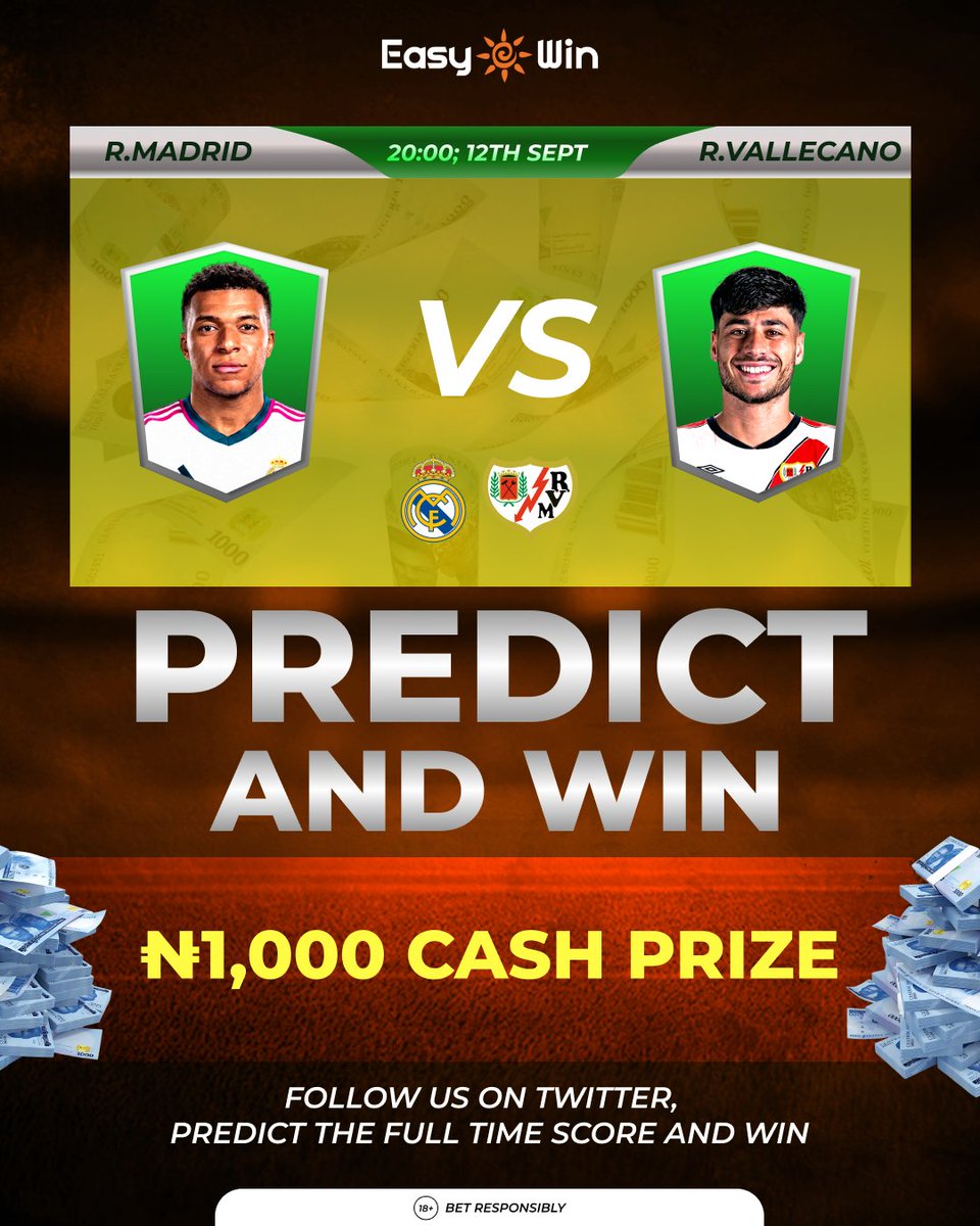 easywin_ng's tweet photo. PREDICT & WIN

Real Madrid vs Rayo Vallecano

Think you know the final score? Predict the correct full-time result on our X page for a chance to win ₦1,000 Cash Prize.

Follow Easywin on X,  retweet and submit your prediction before kick-off.

T&Cs apply. Bet Responsibly.

#Easywin #PredictAndWin #LaLiga #RealMadrid #RayoVallecano #FootballGiveaway