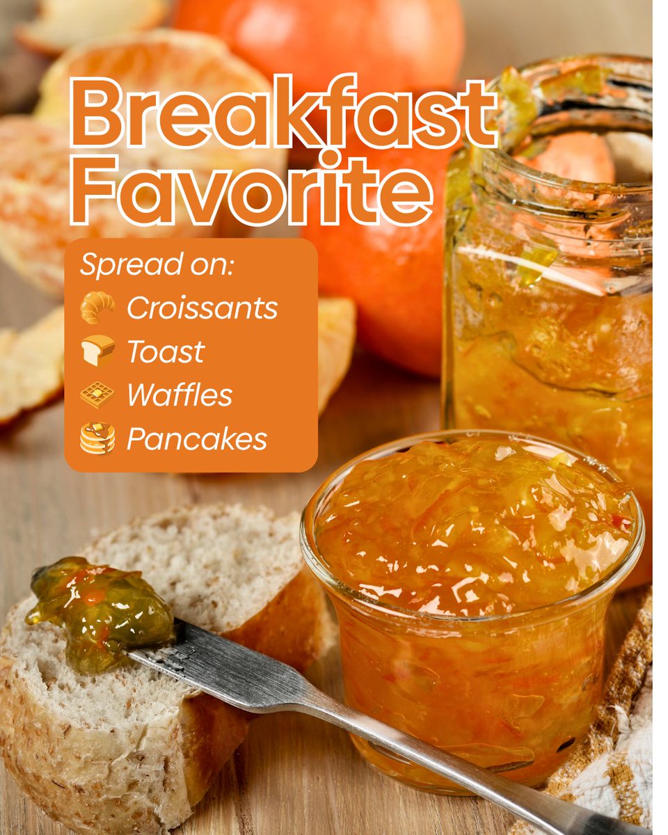 A jar of mandarin jam and an open jar of jam are placed on a wooden surface. Slices of bread and croissants are nearby. There is a label with text that reads, "Breakfast Favorite." A list mentions: croissants, toast, waffles, and pancakes.