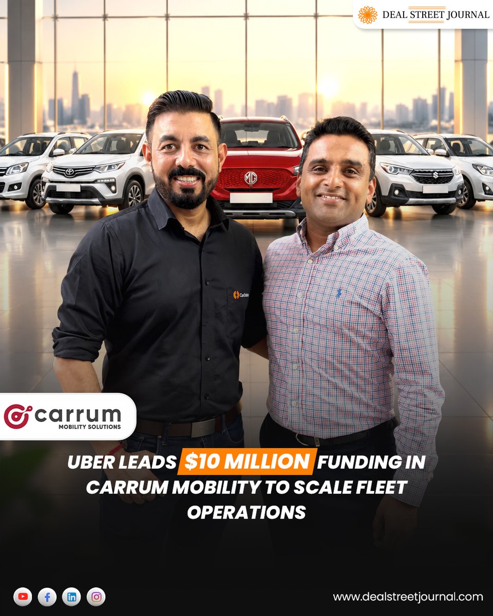 DealStreetJ's tweet photo. (@Uber) Uber  has 𝐢𝐧𝐯𝐞𝐬𝐭𝐞𝐝 ₹95.5 𝐜𝐫𝐨𝐫𝐞 ($10 𝒎𝒊𝒍𝒍𝒊𝒐𝒏) in #CarrumMobility (Backed by @CarDekho Group), 𝐦𝐚𝐫𝐤𝐢𝐧𝐠 𝐢𝐭𝐬 𝐬𝐞𝐜𝐨𝐧𝐝 𝐢𝐧𝐯𝐞𝐬𝐭𝐦𝐞𝐧𝐭 in the technology-enabled fleet operator 𝐰𝐢𝐭𝐡𝐢𝐧 𝐞𝐢𝐠𝐡𝐭 𝐦𝐨𝐧𝐭𝐡𝐬.

The investment follows a ₹62 𝐜𝐫𝐨𝐫𝐞 𝐒𝐞𝐫𝐢𝐞𝐬 𝐀 𝐢𝐧 𝐉𝐚𝐧𝐮𝐚𝐫𝐲 2026 and 𝐯𝐚𝐥𝐮𝐞𝐬 𝐂𝐚𝐫𝐫𝐮𝐦 𝐚𝐭 ₹1,600 𝐜𝐫𝐨𝐫𝐞 ($168 𝒎𝒊𝒍𝒍𝒊𝒐𝒏), 𝐮𝐩 𝐟𝐫𝐨𝐦 𝐨𝐯𝐞𝐫 ₹580 𝐜𝐫𝐨𝐫𝐞 ($65 million), representing a roughly 2.75x increase.

𝐅𝐨𝐮𝐧𝐝𝐞𝐝 𝐢𝐧 2024 by Karan Jain, 𝘧𝘰𝘳𝘮𝘦𝘳 𝘔𝘤𝘒𝘪𝘯𝘴𝘦𝘺 𝘈𝘴𝘴𝘰𝘤𝘪𝘢𝘵𝘦 𝘗𝘢𝘳𝘵𝘯𝘦𝘳 𝘢𝘯𝘥 𝘙𝘦𝘷𝘷 𝘧𝘰𝘶𝘯𝘥𝘦𝘳, Carrum buys, deploys and manages EV and CNG vehicles while using technology for driver onboarding, payments, maintenance, communication and fleet optimisation.

It currently operates around 5,100 vehicles with more than 18,000 drivers across six cities, supplying vehicles to Uber’s Go, Premier and Black categories.

Carrum generated ₹600 𝐦𝐢𝐥𝐥𝐢𝐨𝐧 𝐢𝐧 𝐫𝐞𝐯𝐞𝐧𝐮𝐞 𝐢𝐧 𝐨𝐩𝐞𝐫𝐚𝐭𝐢𝐨𝐧𝐬 during its first year of commercialisation, with an 𝐄𝐁𝐈𝐓𝐃𝐀 𝐦𝐚𝐫𝐠𝐢𝐧 𝐨𝐟 19.90% and 𝐩𝐫𝐨𝐟𝐢𝐭 𝐦𝐚𝐫𝐠𝐢𝐧 𝐨𝐟 4.17%. The company plans to more than double its fleet to 11,000 vehicles over the next 12 months.

The broader fleet-management market is expanding alongside ride-hailing and EV adoption, but Carrum’s key challenge will be scaling its asset-heavy model while maintaining utilisation and returns on capital.

If you wish to read more:
https://t.co/MfvzvekXyr