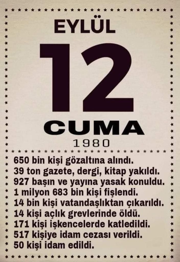 dayanismaXx's tweet photo. 12 Eylül 1980 askeri darbesinin üzerinden 46 yıl geçti.

İdamlar, işkenceler, gözaltılar, yasaklar; üniversiteler ve gençlik üzerindeki ağır baskılar 12 Eylül faşizminin Türkiye’ye bıraktığı karanlık mirasın parçalarıdır.

Faşizme karşı mücadele edenleri anıyoruz.

#12Eylül https://t.co/ccNg7HLkCL