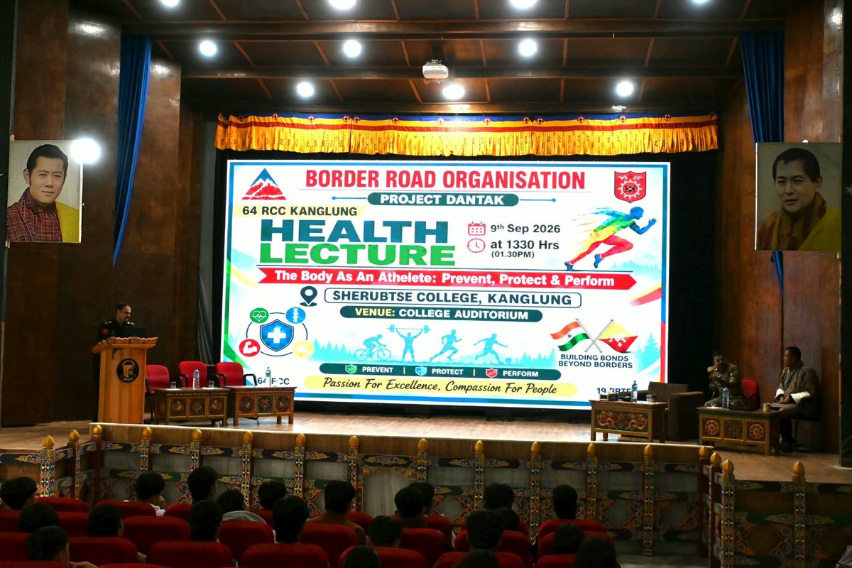 BROindia's tweet photo. #ProjectDANTAK #BROIndia #IndiaBhutanFriendship #HealthForYouth #PreventProtectPerform

🇮🇳🤝🇧🇹 BUILDING HEALTHIER YOUTH, STRENGTHENING FRIENDSHIP

Project DANTAK@BRO conducted a health lecture at Sherubtse College, Kanglung, on “The Body as an Athlete: Prevent, Protect & Perform.”

The interactive session highlighted fitness, injury prevention, sports nutrition, hydration, recovery and safe training practices—empowering youth to train smarter, stay healthier and realise their athletic potential.

Beyond roads and infrastructure, Project DANTAK continues to build enduring bridges of knowledge, health and India–Bhutan friendship.

JAI HIND 🇮🇳
@rajnathsingh 
@SethSanjayMP 
@PMBhutan 
@Indiainbhutan 
@SpokespersonMoD 
@adgpi 
@PIB_India 
@ians_india 
@ANI