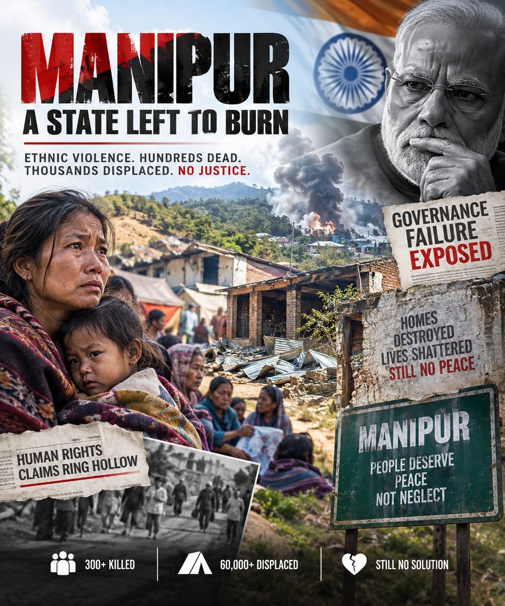 Anushayer's tweet photo. New Delhi's governance failure in #Manipur stands fully exposed as ethnic bloodshed persists unchecked. With over 300 killed and total state apathy, #India's hollow human rights claims stand shattered. https://t.co/Ff4tUbF4Yp