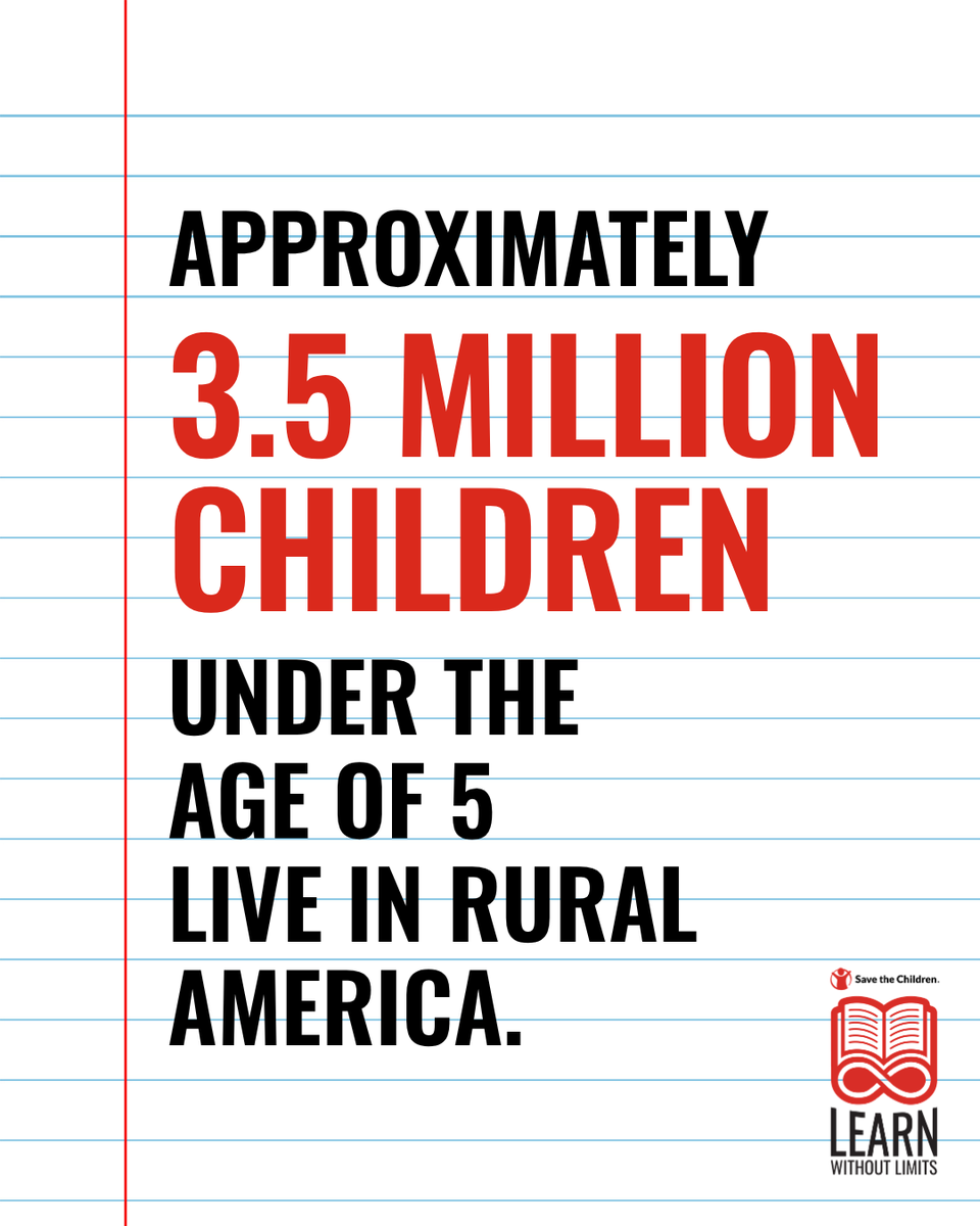 The image features text on a lined notebook paper background. The text reads: "Approximately 3.5 million children under the age of 5 live in rural America." At the bottom right is the Save the Children Learn Without Limits logo.