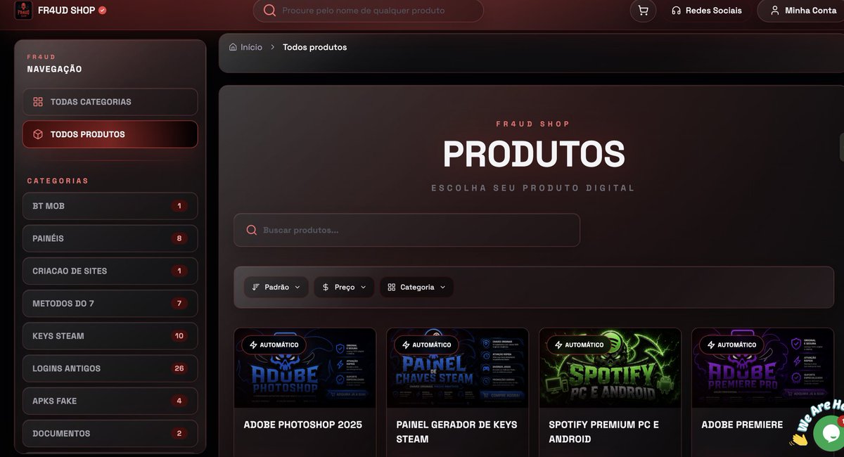 akaclandestine's tweet photo. Brazil has reached the point where fraud has a storefront, a shopping cart, and live chat.

This morning’s review of fr4ud[.]xyz — branded “FR4UD SHOP”, .xyz TLD, registered on 16 June 2026 with GoDaddy, DNS on Cloudflare, registrant hidden, no CNPJ on the page. Eighty-eight days online. Almost no public indexing. A bot wall at the edge. Behind that, a Portuguese storefront, Pix checkout, and the tagline “simple, direct, and easy to buy.”

The catalog does not hide the merchandise. On the left: old logins (26), Steam keys (10), panels (8), “method 7” kits (7), fake APKs (4), documents (2). On the right, cards with an AUTOMATIC badge and marketplace pricing: unlicensed Adobe software, a Steam key generator, “Premium” Spotify, SMS from R$1, followers, a “CLT loan” panel, lookup/search tools — and, in the same grid, panels advertised to “place a debt” and “place a death record.” From R$15.99 to R$89.99. Paid in Pix, on the spot.

There is no underground here. There is a checkout.

That is banalization completed: the visual language of ordinary Brazilian e-commerce — search, category, price filter, a widget asking “how can we help?” — applied to inputs for fraud, document forgery, and data abuse. Crime left the closed group and opened a shopping bag.

Three hard facts on this asset:
1. No corporate identity on the storefront.
2. A catalog that describes, in commercial language, products incompatible with lawful trade.
3. Disposable architecture: young domain, hidden registrant, global CDN, thin search footprint.

Operators are betting on collective fatigue. When the grotesque gets professional UX, the public stops being shocked and starts treating it as “just another store.” That is the real product.

Do not buy. Do not test. Do not share it as a curiosity. Capture it, report it, and send it on:
• Federal Police / cybercrime units
• SaferNet (https://t.co/05eH6rsAKf)
• abuse@godaddy.com and Cloudflare’s abuse channel
• Central Bank / MED, if Pix was used in a loss

Fraud in Brazil no longer needs to hide. It only needs a cheap domain, a dark theme, and a Pix key.

#Cybersecurity #Fraud #Pix #Brazil #OSINT #DataPrivacy