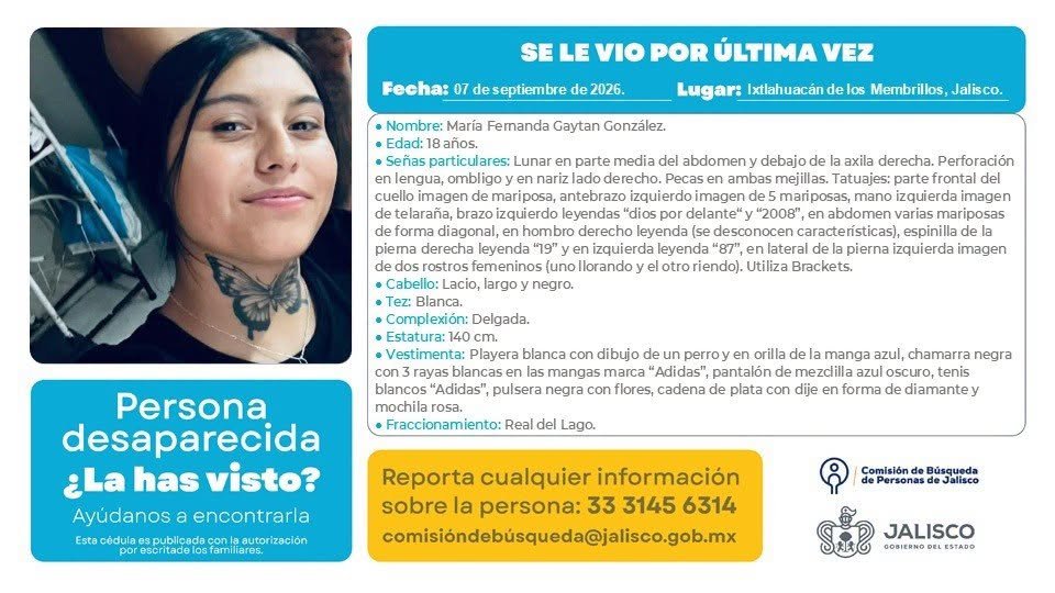VMGlezR's tweet photo. Desaparece una joven en Ixtlahuacán de los Membrillos,  #Jalisco. https://t.co/J5m1FMGSIj